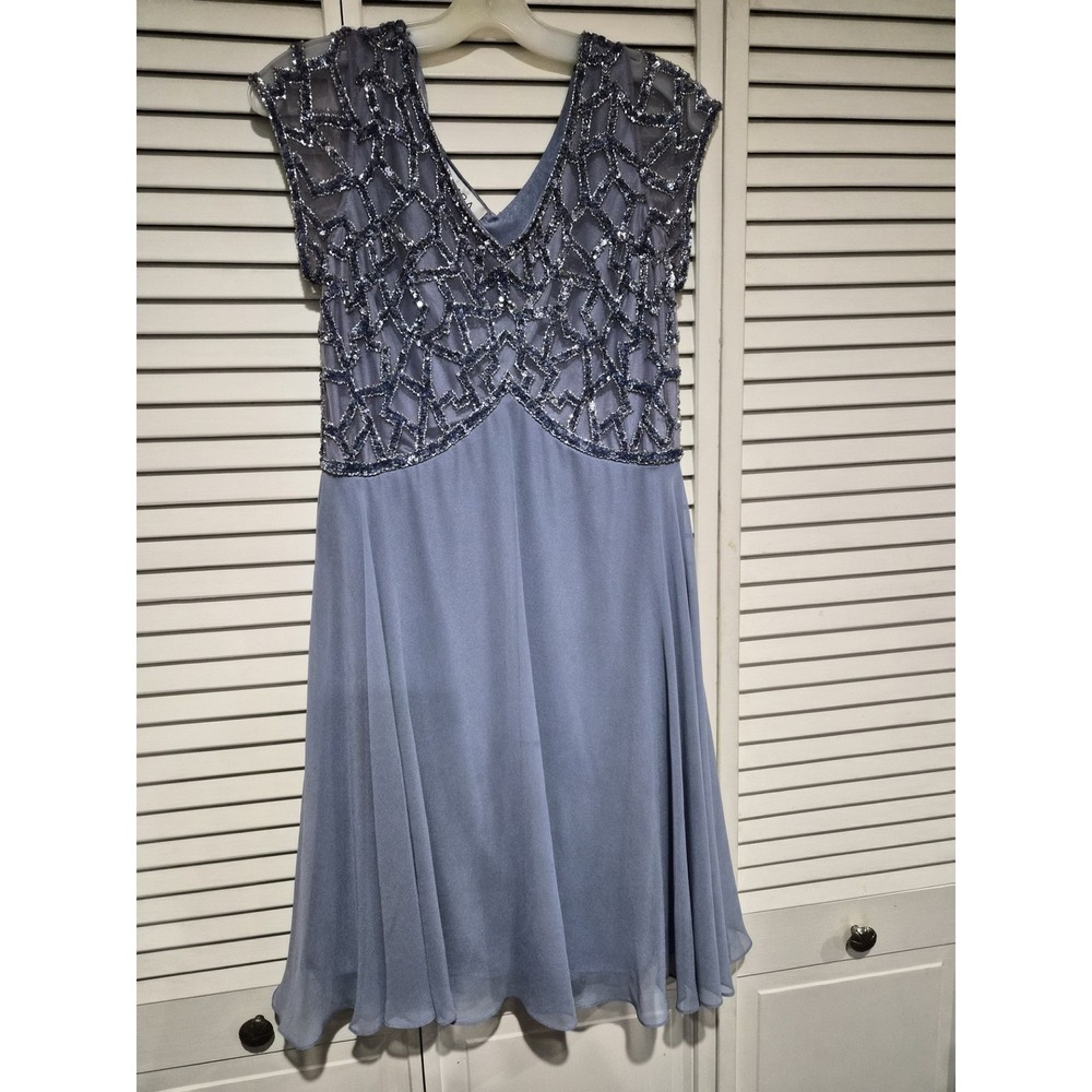 J Kara Beaded V-Neck Chiffon Cocktail Dress Dusty Blue Petite 10P